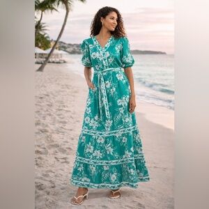 Tuckernuck Celina Moon Short Sleeve Cotton Pine Green Floral Maxi Size Small NWT